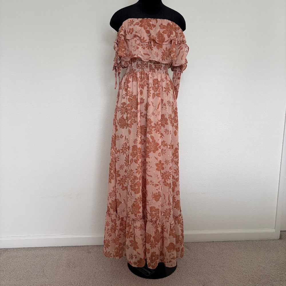 Lulus Love and Blooms Blush Floral Print Off-the-Shoulder Maxi Dress